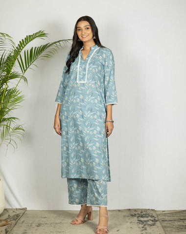 Sky Blue Printed Cotton Co-ord Set/ Kurta Pant - Set of 2