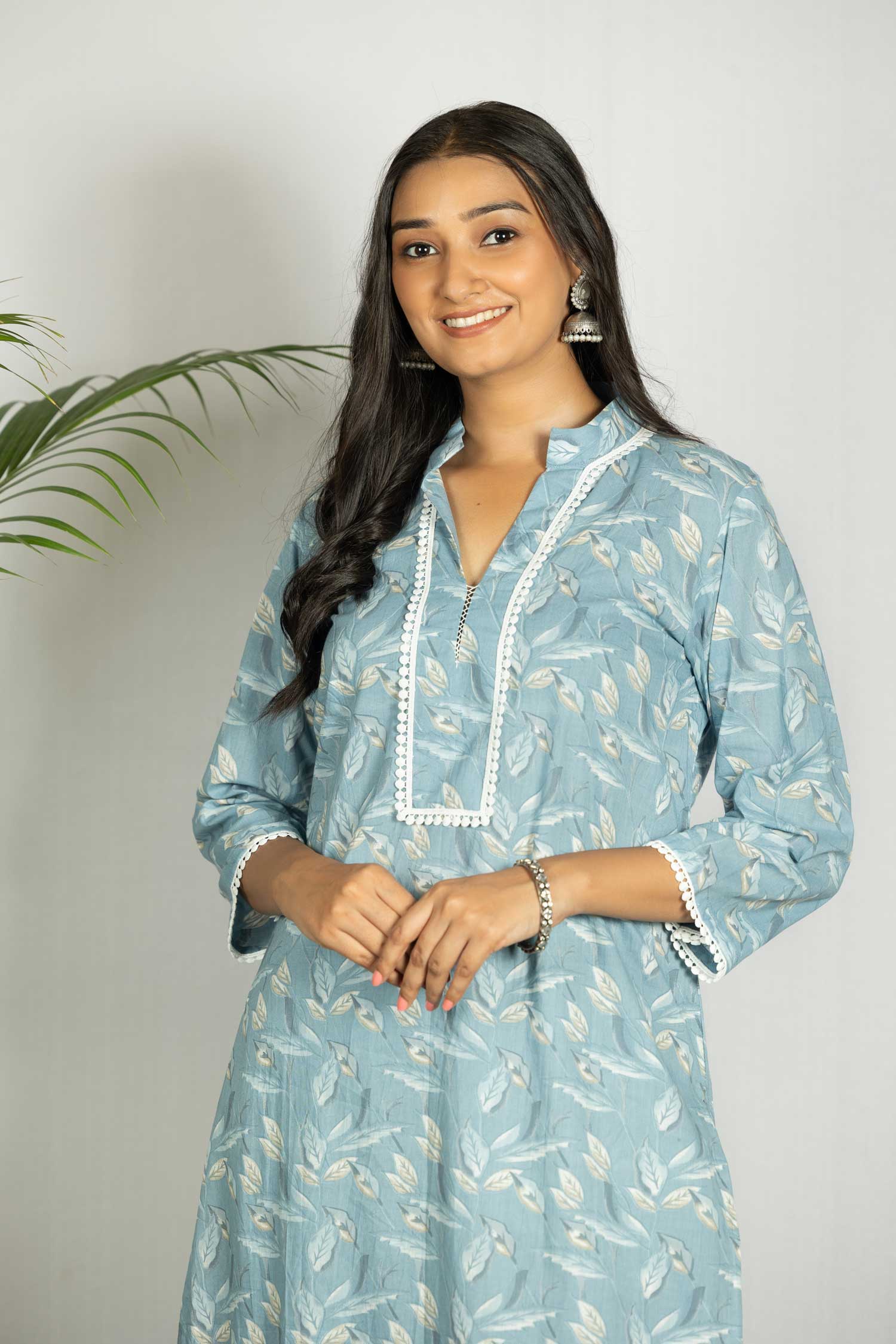 Sky Blue Printed Cotton Co-ord Set/ Kurta Pant - Set of 2