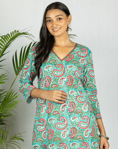Sea Green Bagru HandBlock  Cotton Kurta