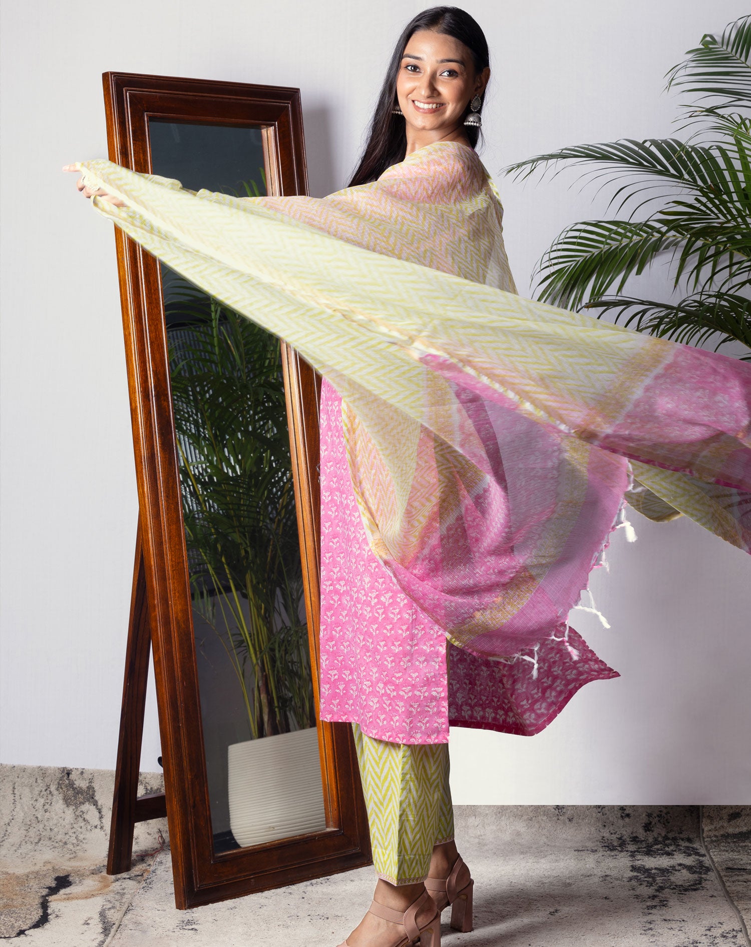 Bright Pink Handblock Bagru Cotton Suit with Kota Doria Dupatta - Set of 3