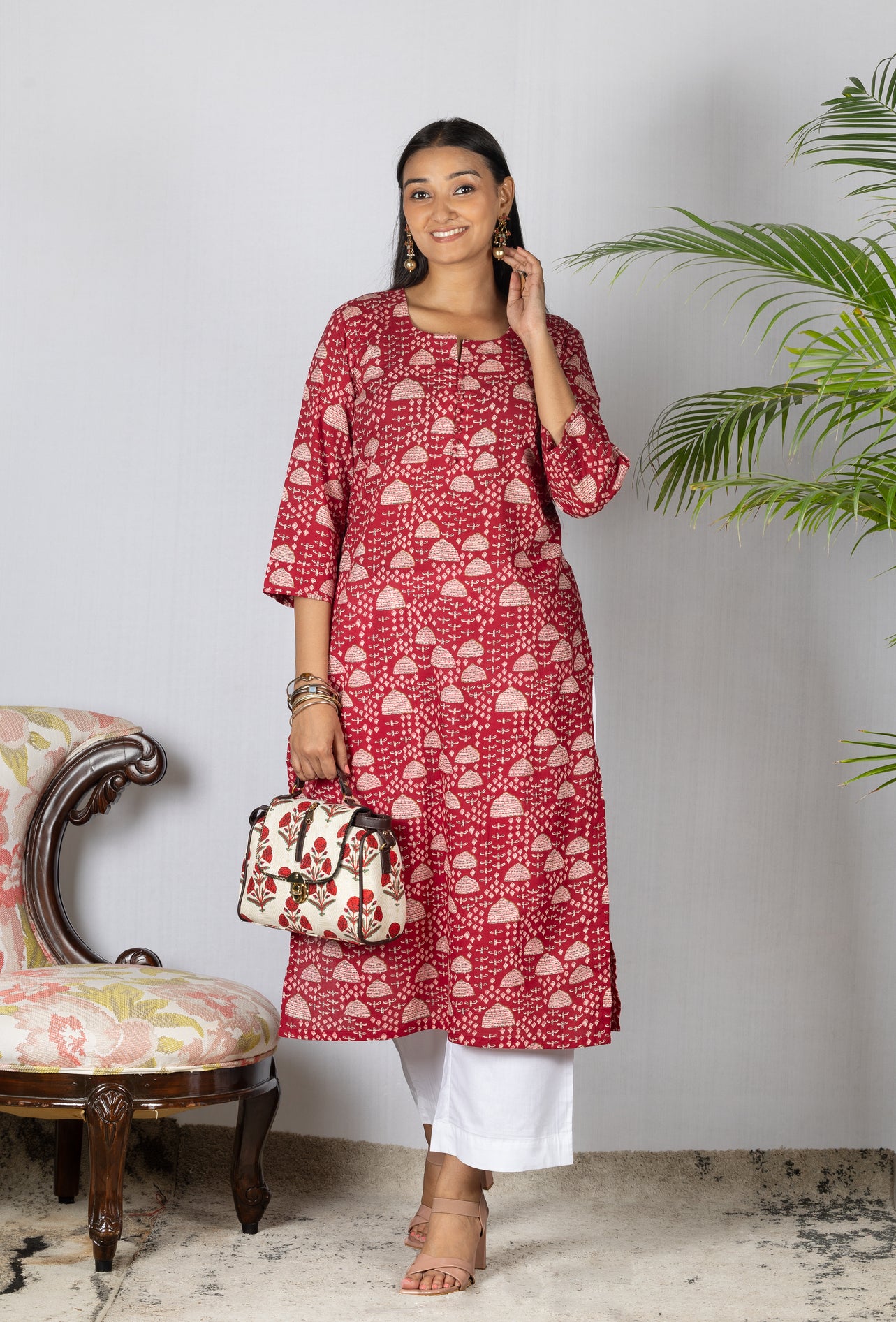 Crimson Red Printed Cotton Kurta