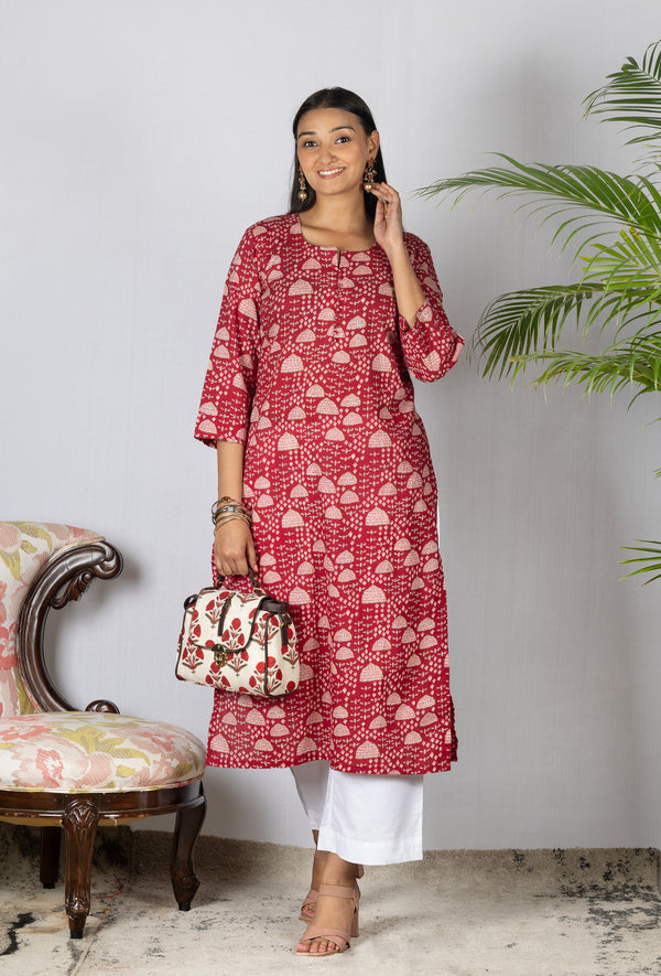 Crimson Red Printed Cotton Kurta