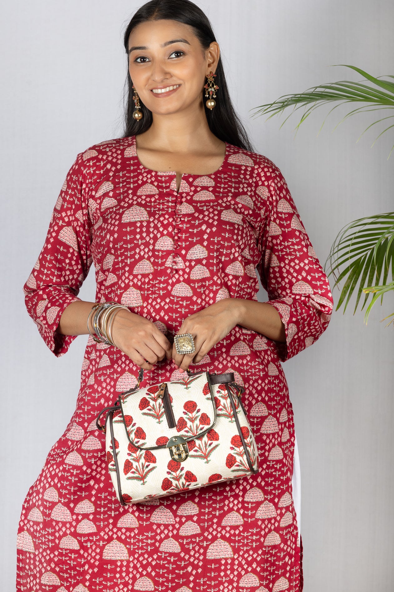 Crimson Red Printed Cotton Kurta