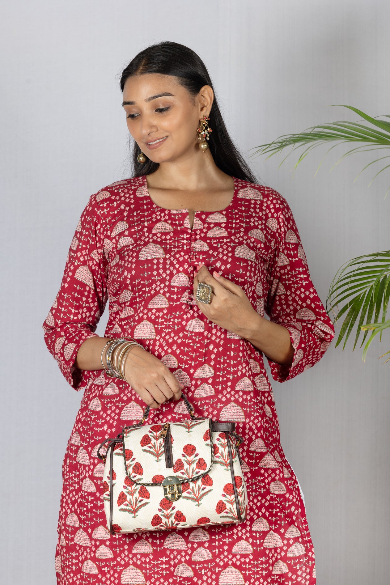 Crimson Red Printed Cotton Kurta