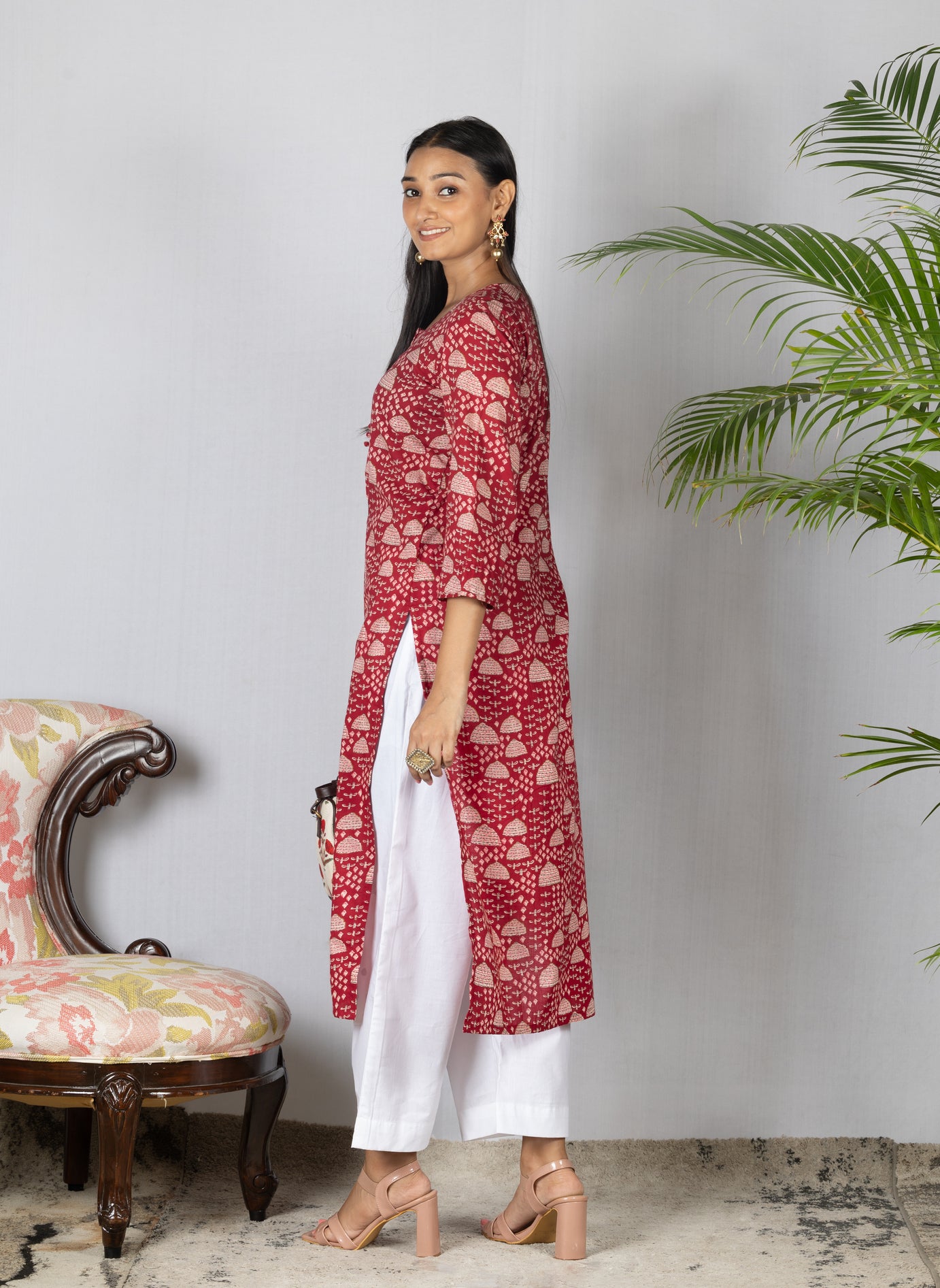 Crimson Red Printed Cotton Kurta