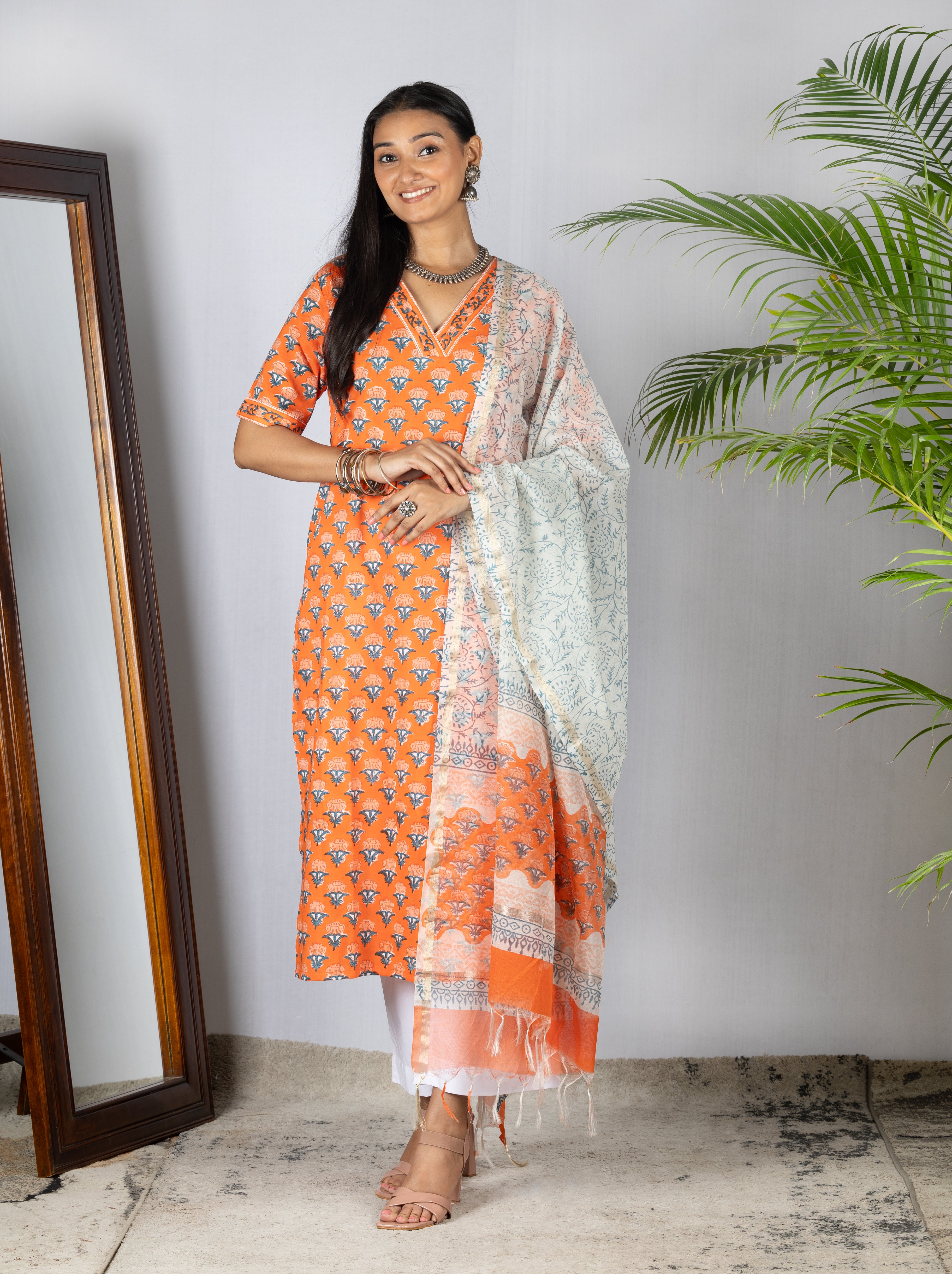 Orange HandBlock Bagru Cotton Suit with Chanderi Dupatta - Set of 3