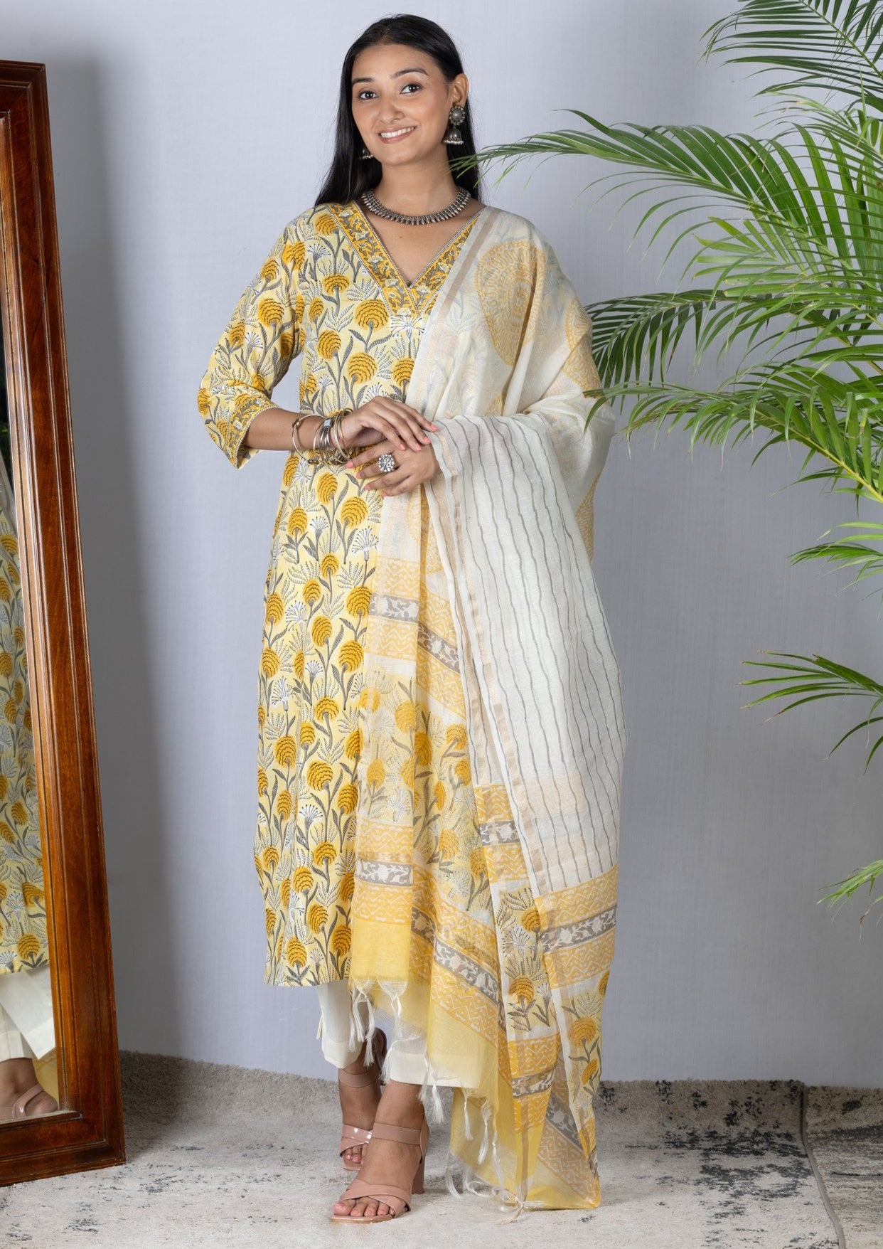 Yellow Handblock Bagru Cotton Suit with Chanderi Dupatta - Set of 3