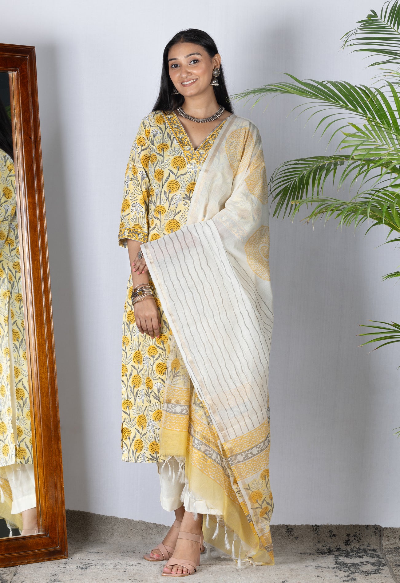 Yellow Handblock Bagru Cotton Suit with Chanderi Dupatta - Set of 3