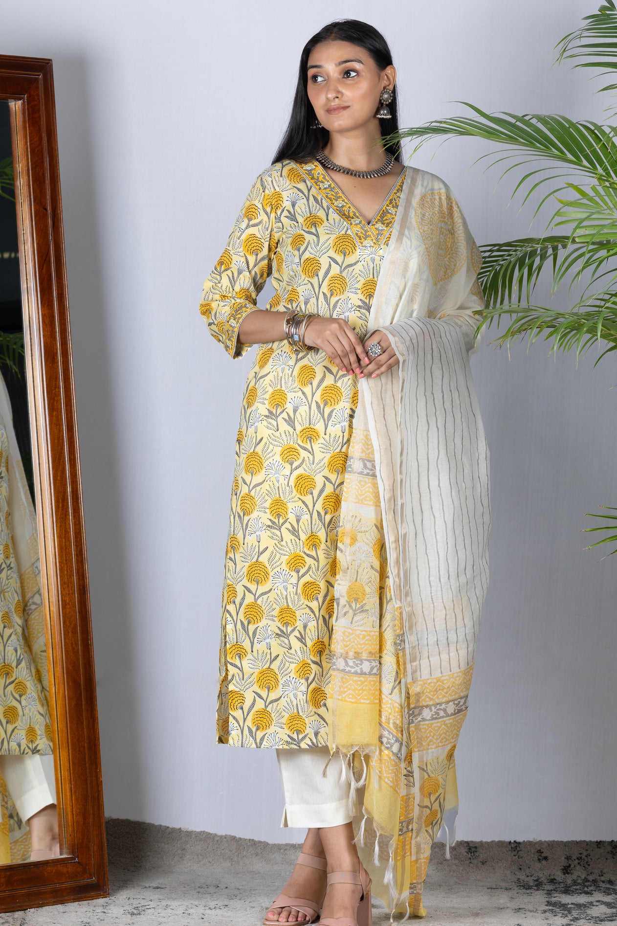 Yellow Handblock Bagru Cotton Suit with Chanderi Dupatta - Set of 3