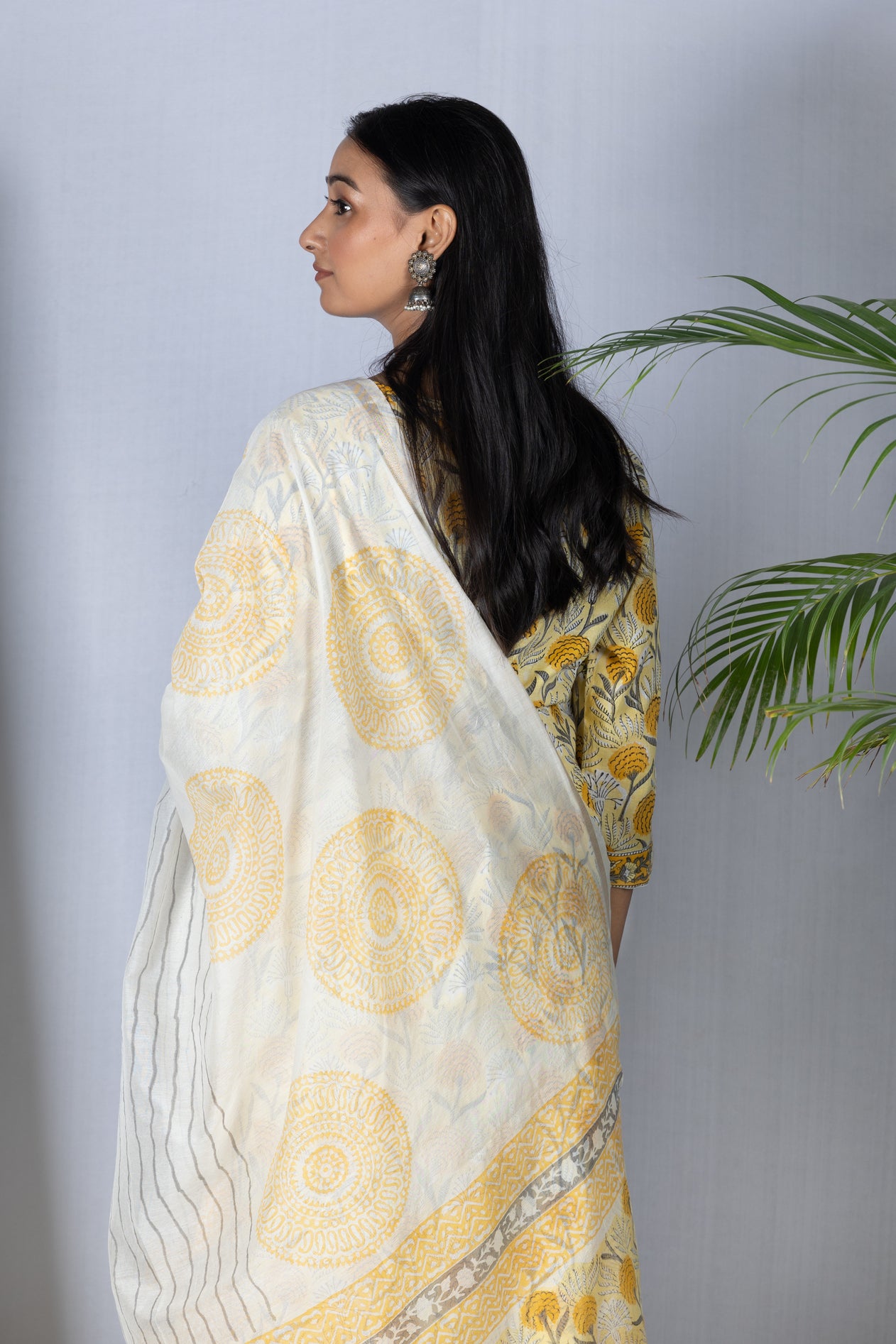 Yellow Handblock Bagru Cotton Suit with Chanderi Dupatta - Set of 3