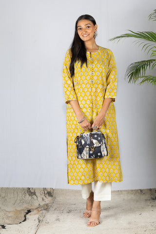 Yellow Bagru HandBlock Cotton Kurta with Potli Buttons