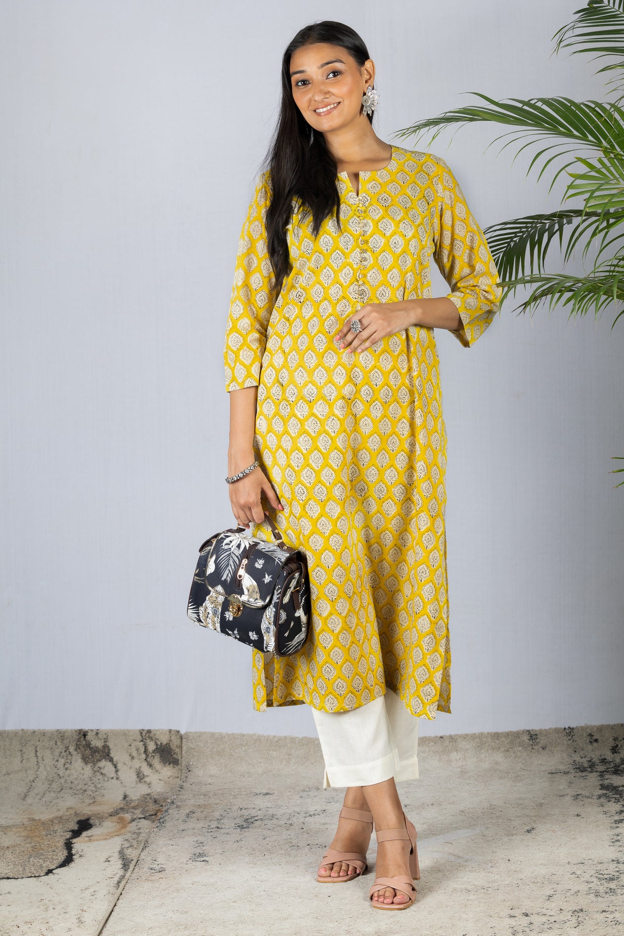 Yellow Bagru HandBlock Cotton Kurta with Potli Buttons