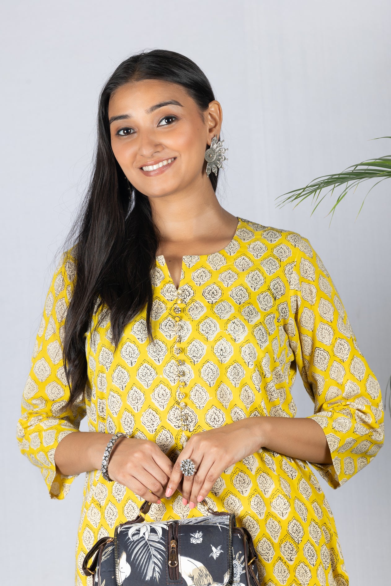 Yellow Bagru HandBlock Cotton Kurta with Potli Buttons