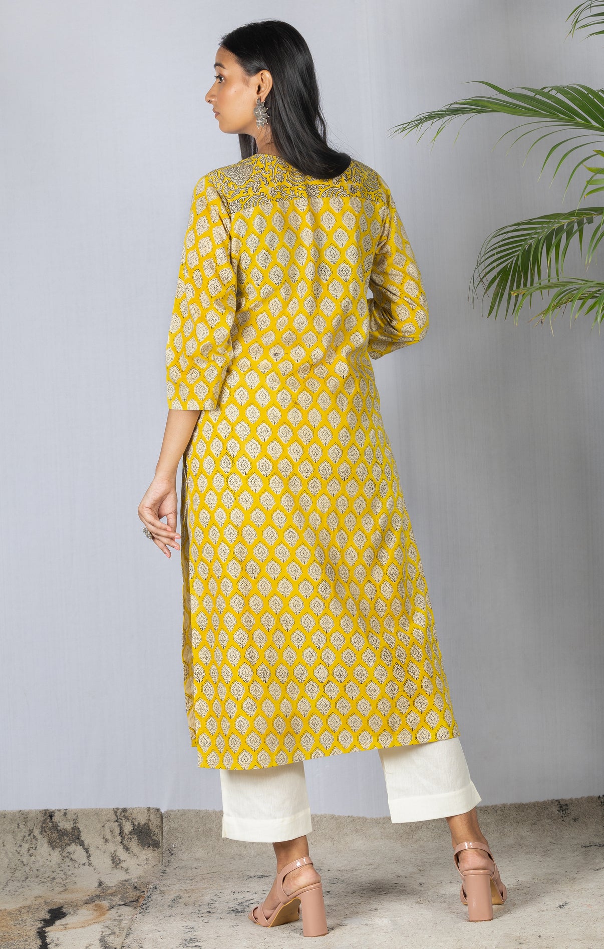 Yellow Bagru HandBlock Cotton Kurta with Potli Buttons