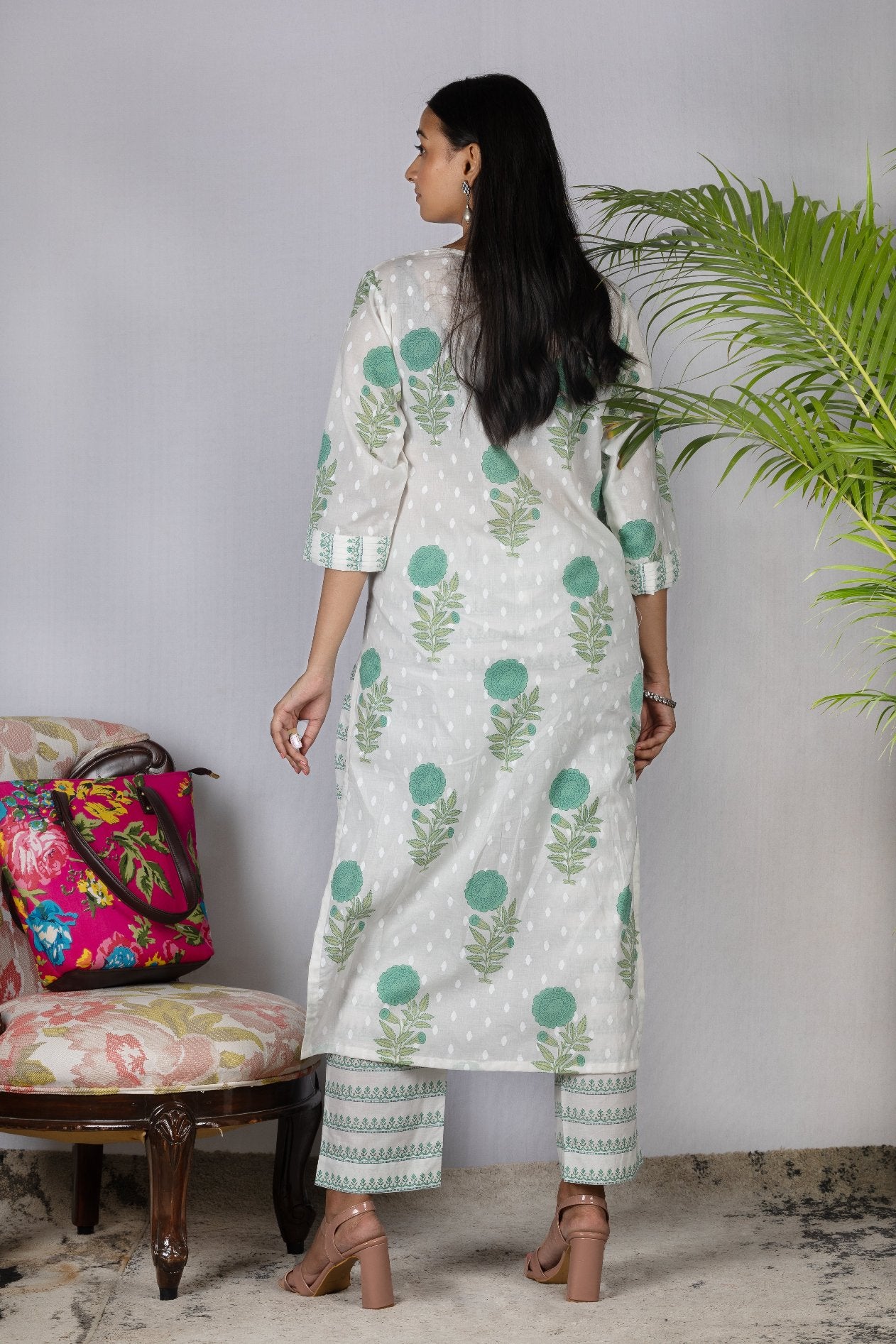 White Cotton Kurta with Swiss dot print and Floral  print