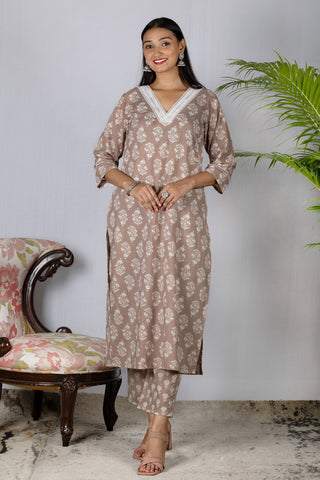 Nude Cotton with white bootie Co-Ord Set/ Kurta Pant - Set of 2