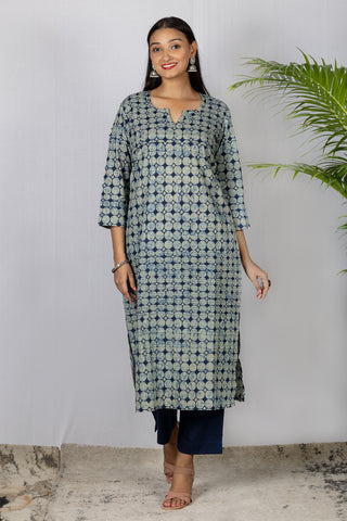 Navy Grey Printed Cotton Kurta with Pintucks