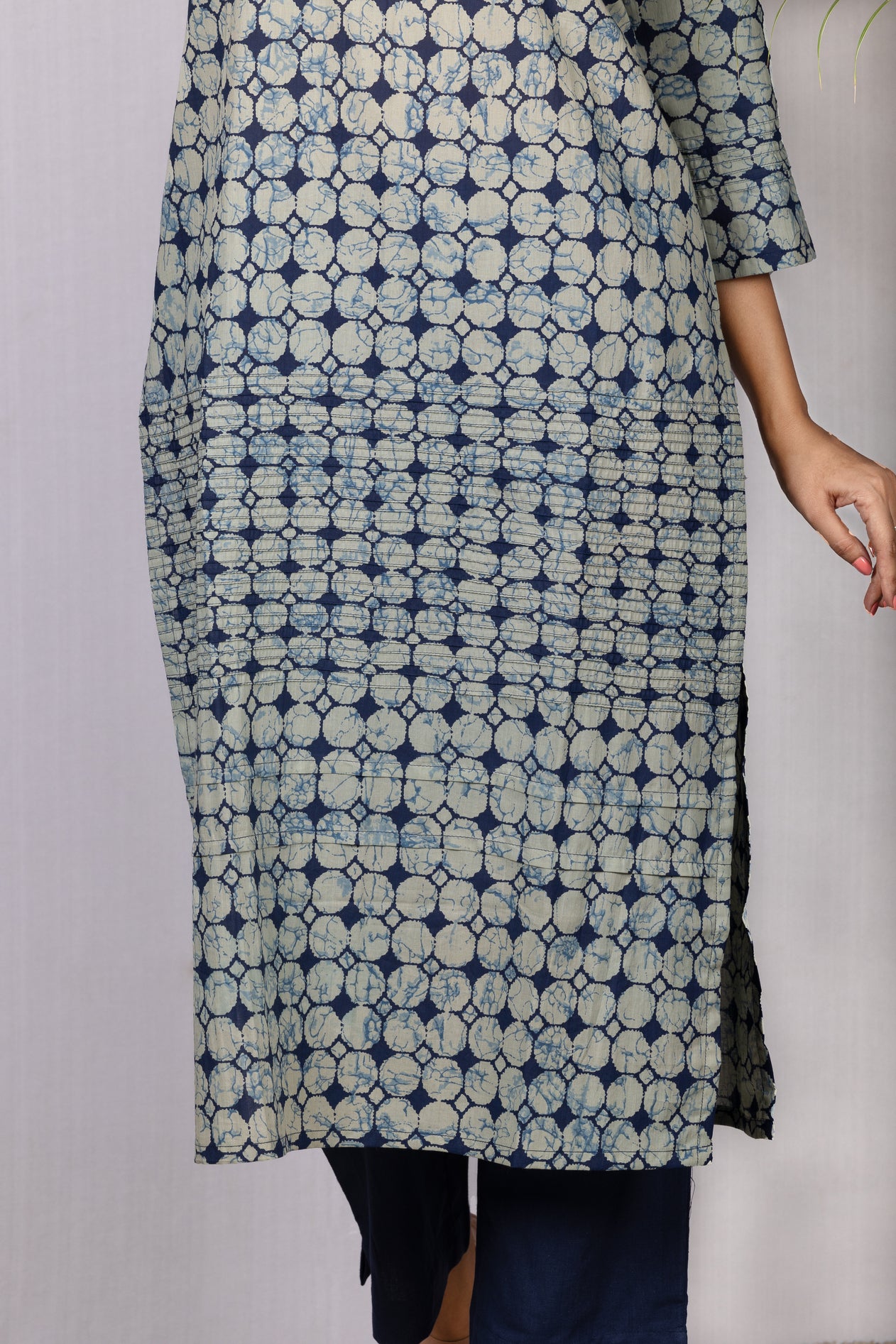 Navy Grey Printed Cotton Kurta with Pintucks