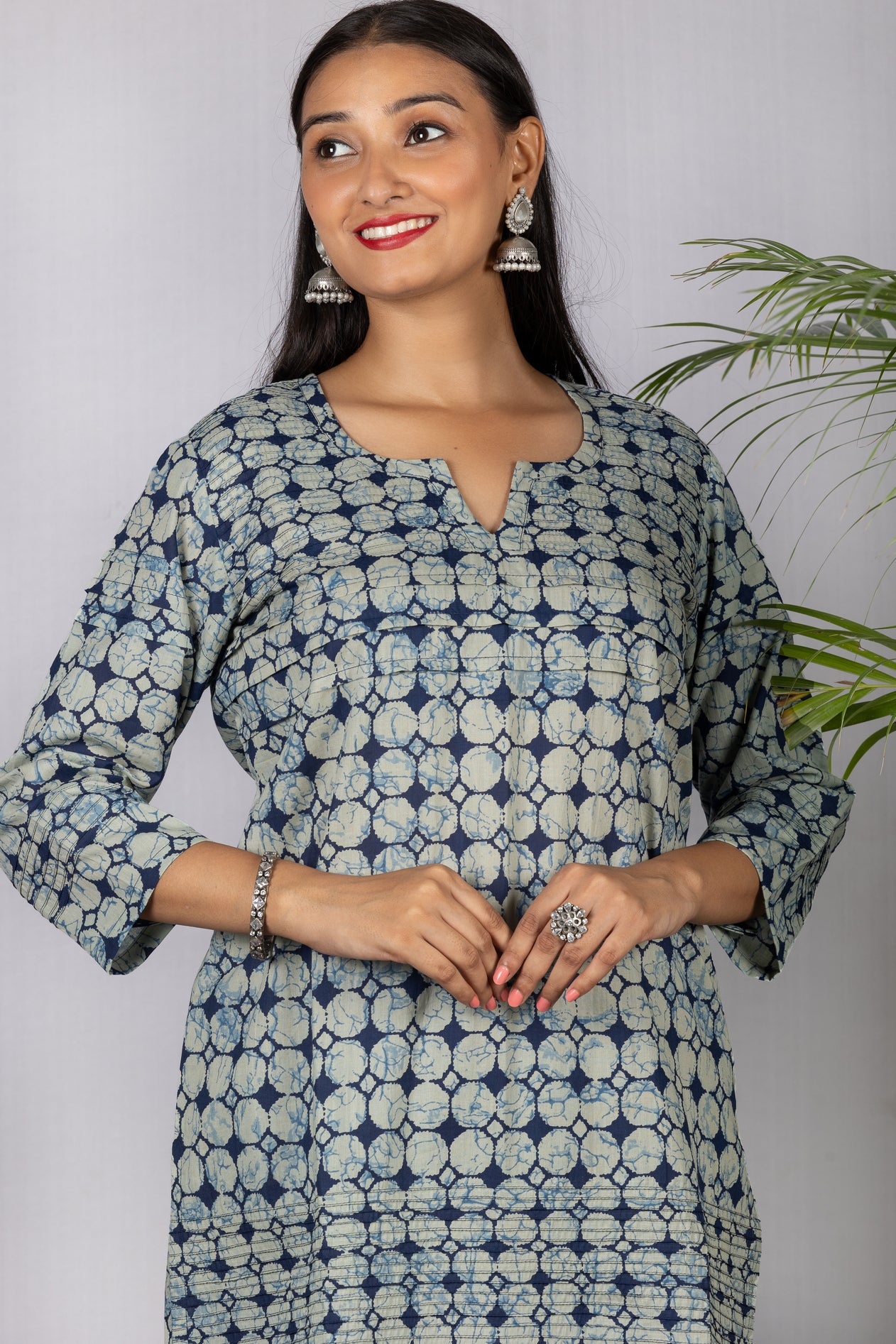 Navy Grey Printed Cotton Kurta with Pintucks