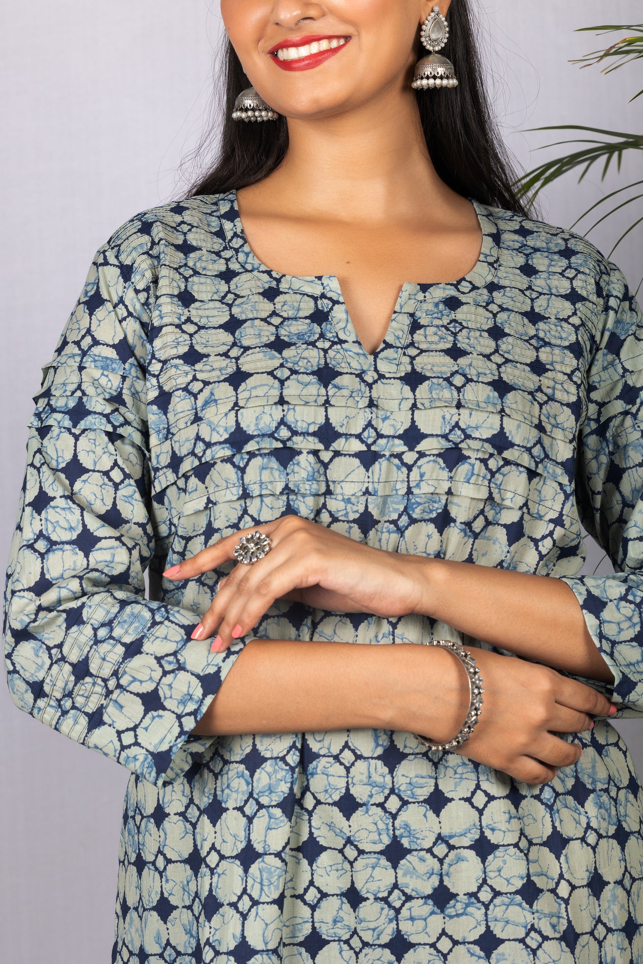 Navy Grey Printed Cotton Kurta with Pintucks