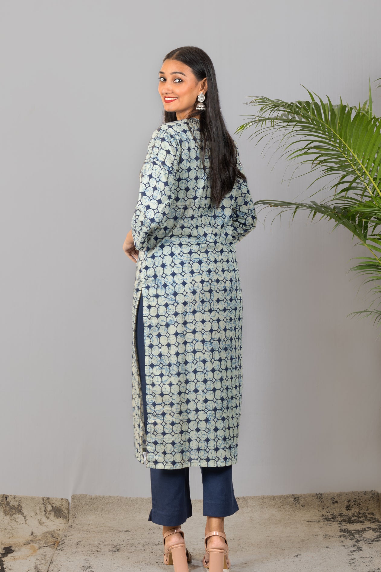 Navy Grey Printed Cotton Kurta with Pintucks