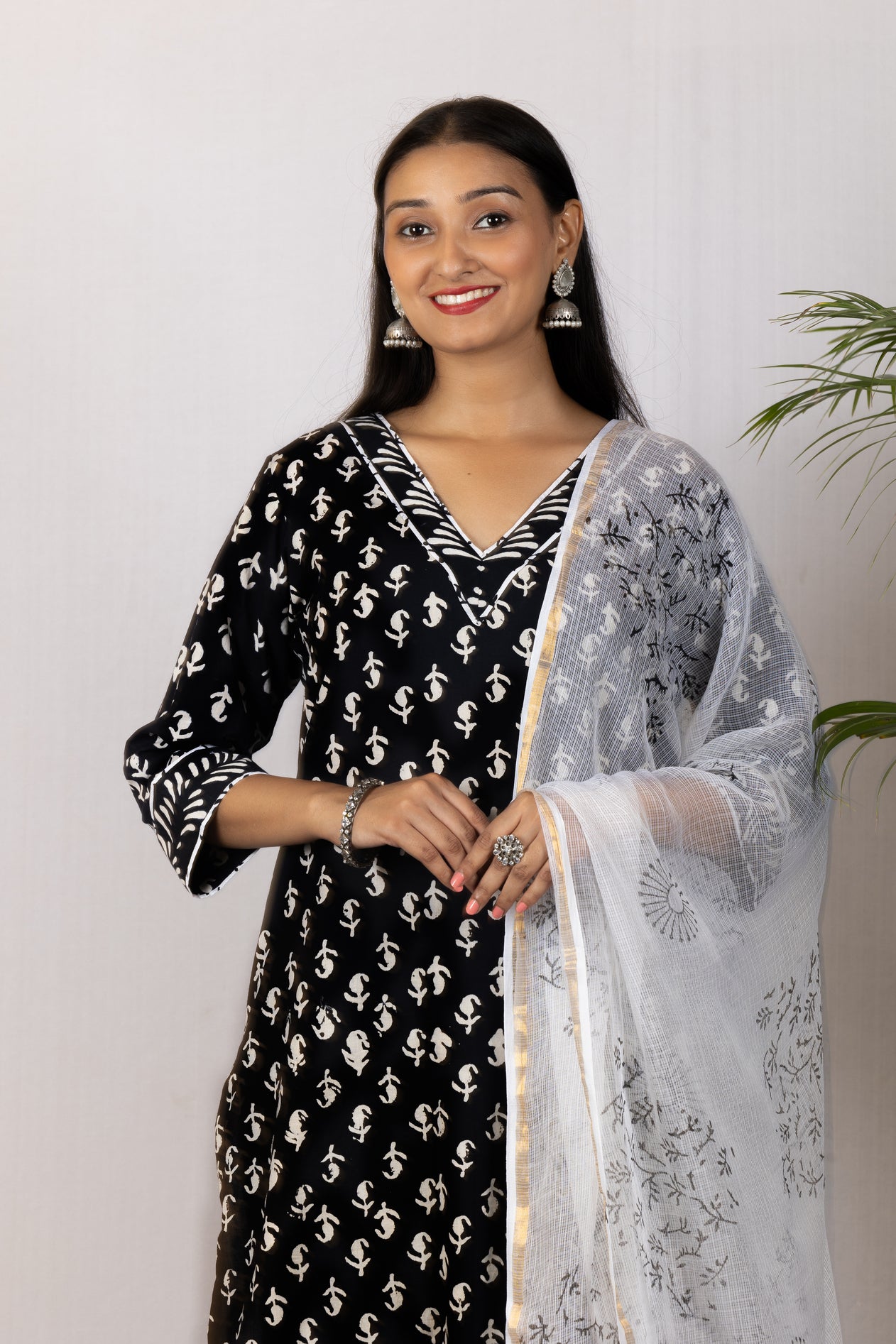 Black Handblock Bagru Cotton Suit with Kota Doria Dupatta - Set of 3