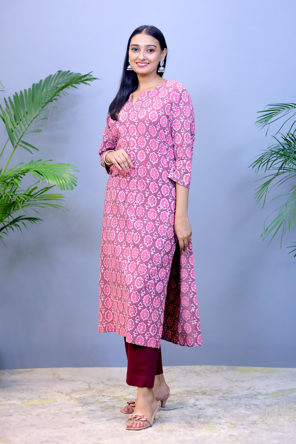 Maroon Daabu Handblock Cotton Kurta