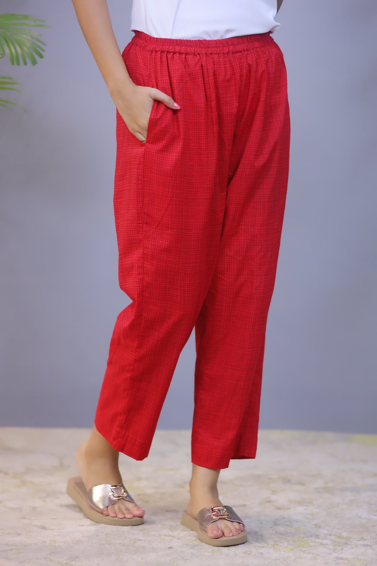 Bright Red Printed Cotton Straight Pant