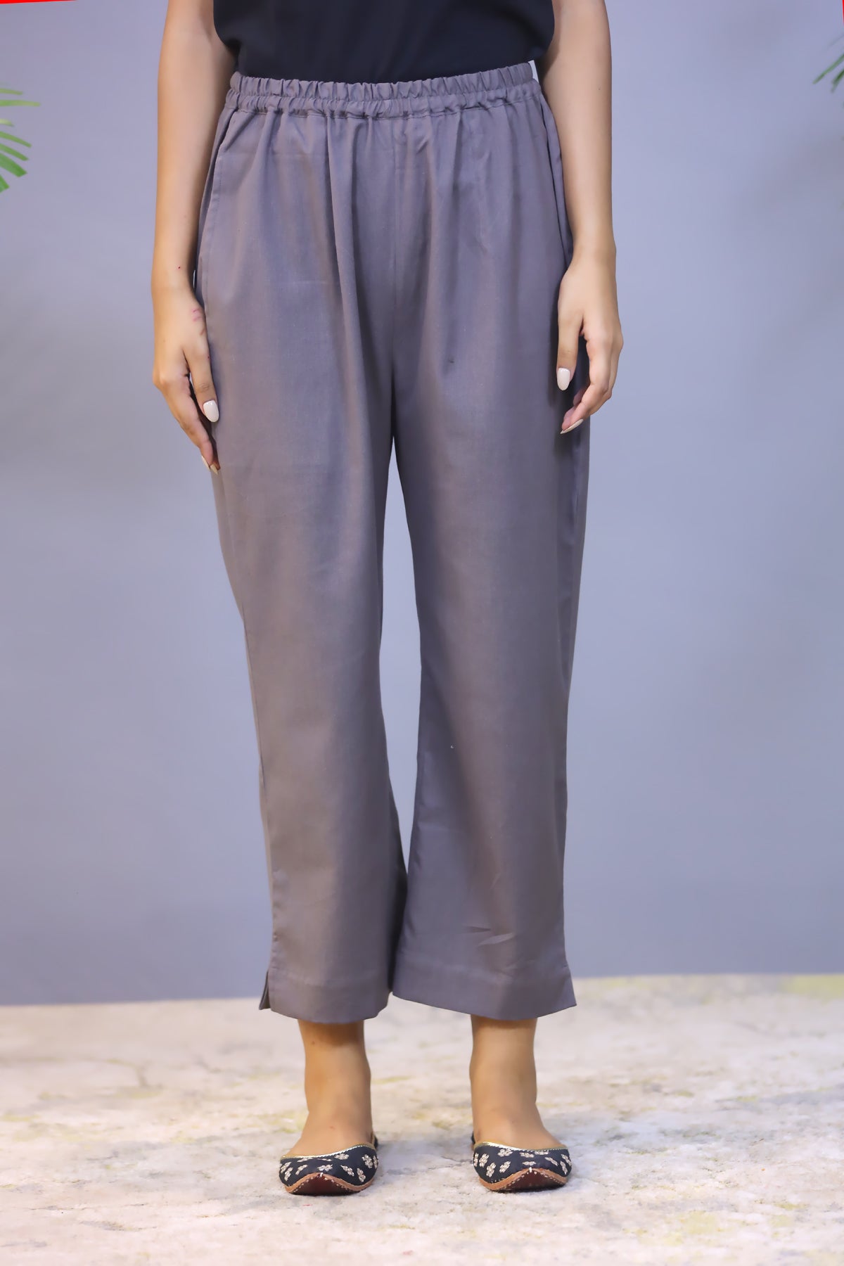 Dark Grey plain Jute Cotton Straight Pant