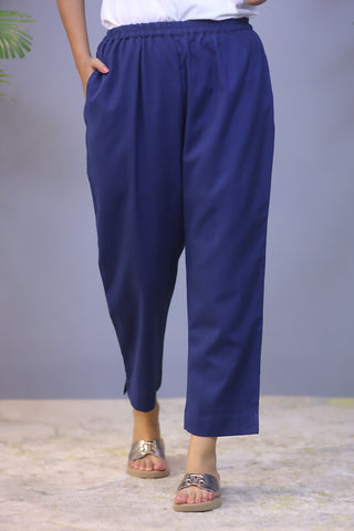 Navy Blue Jute Cotton Straight Pant