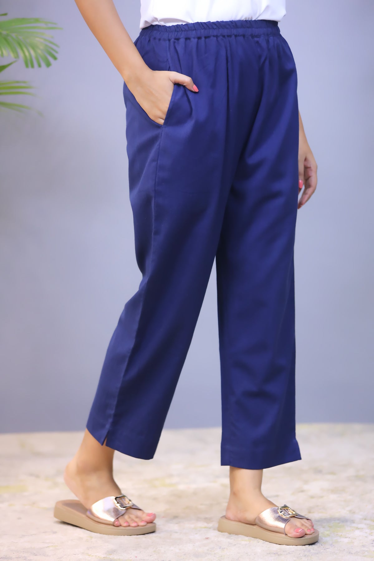 Navy Blue Jute Cotton Straight Pant