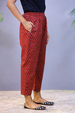 Maroon printed cotton Narrow Pant