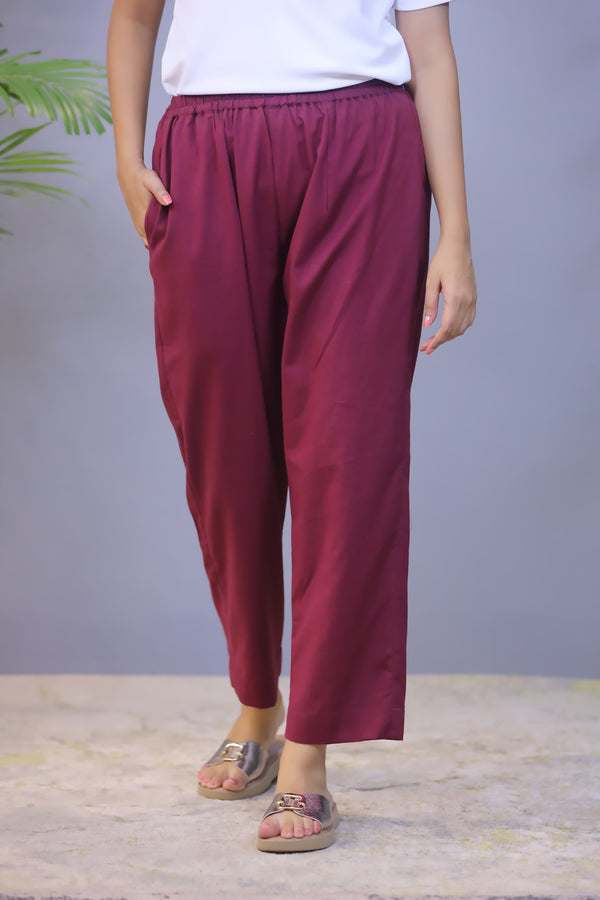 Dark Maroon Plain Jute Cotton Straight Pant