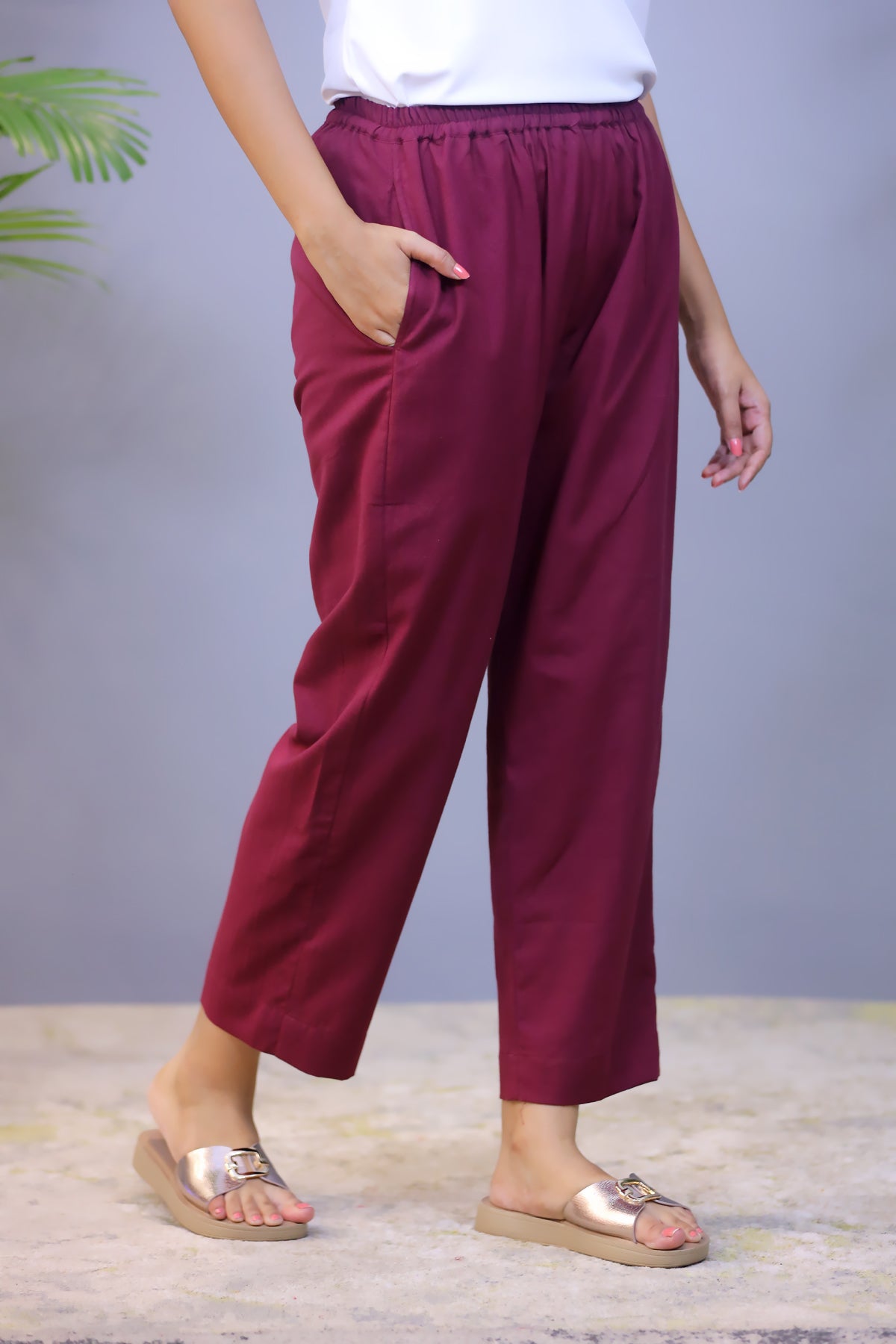 Dark Maroon Plain Jute Cotton Straight Pant