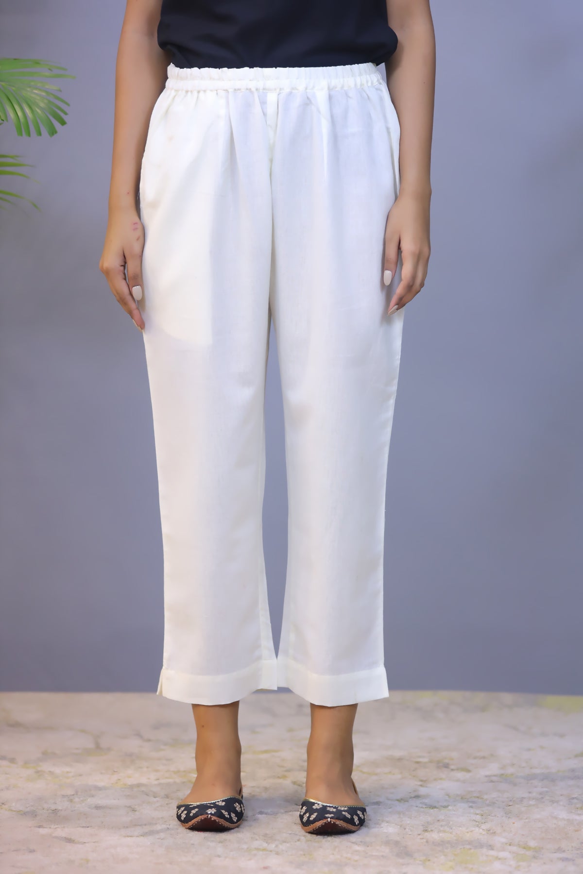 Cream Jute Cotton Straight Pant