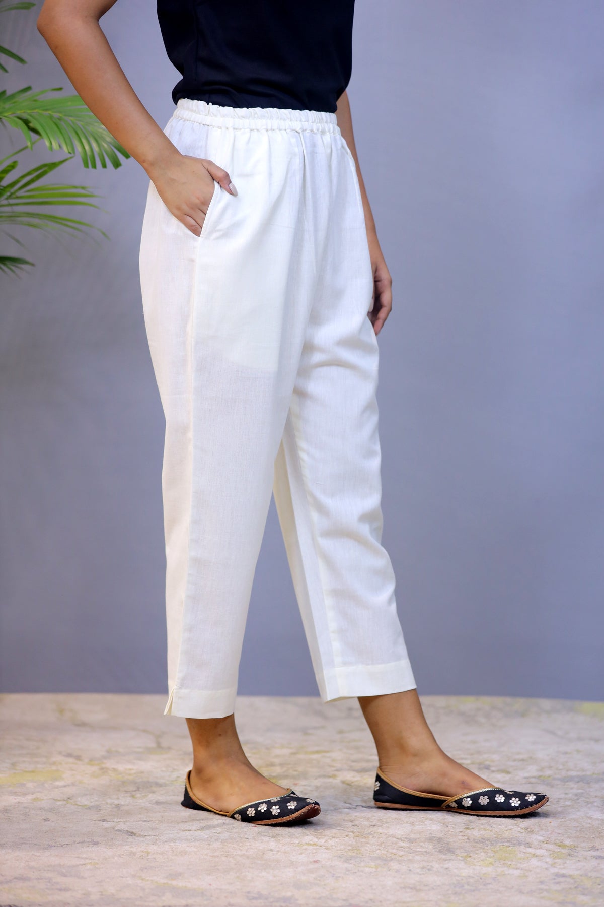 Cream Jute Cotton Straight Pant