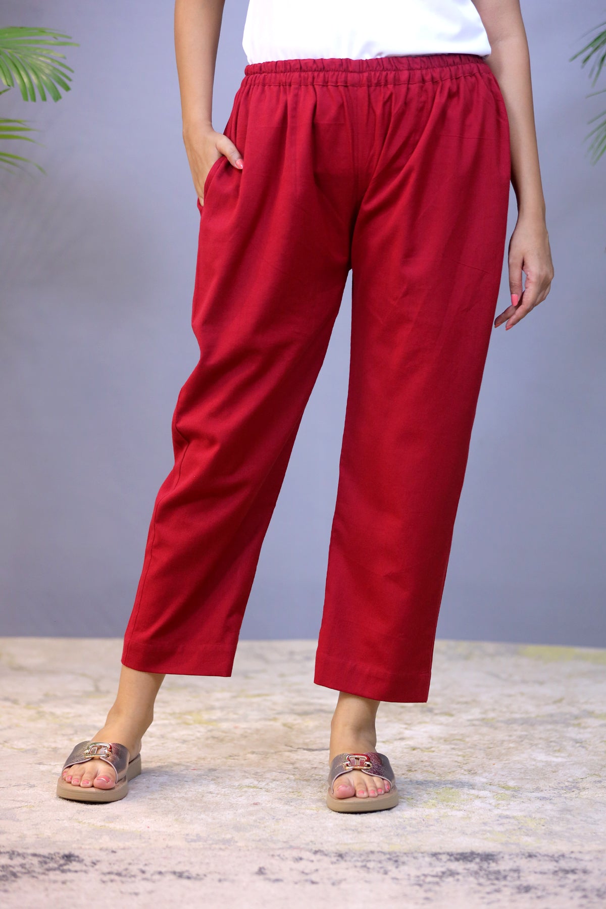 Red Jute Cotton Straight Pant