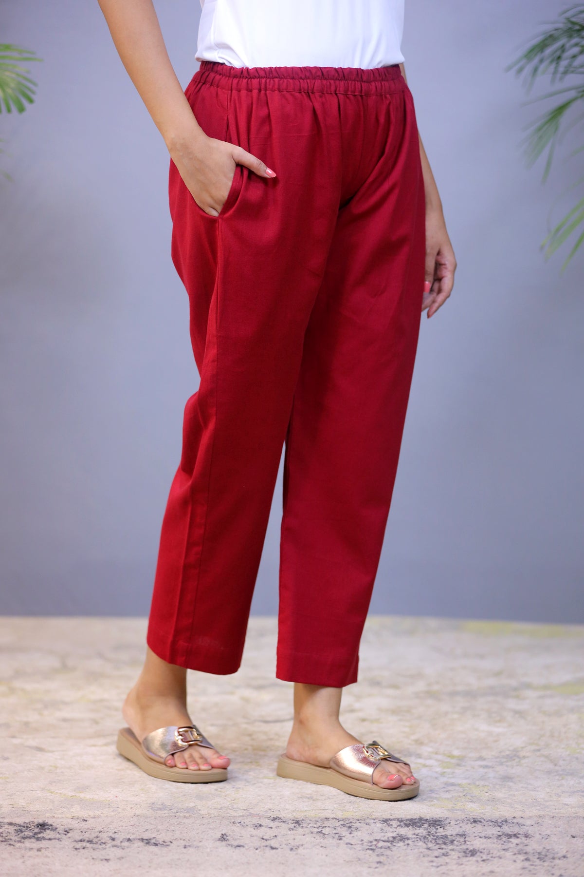 Red Jute Cotton Straight Pant