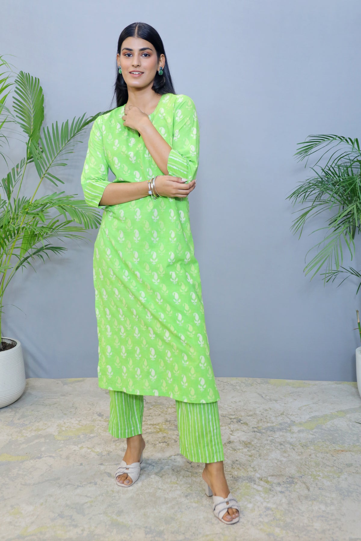 Lime green Handblock Cotton Kurta