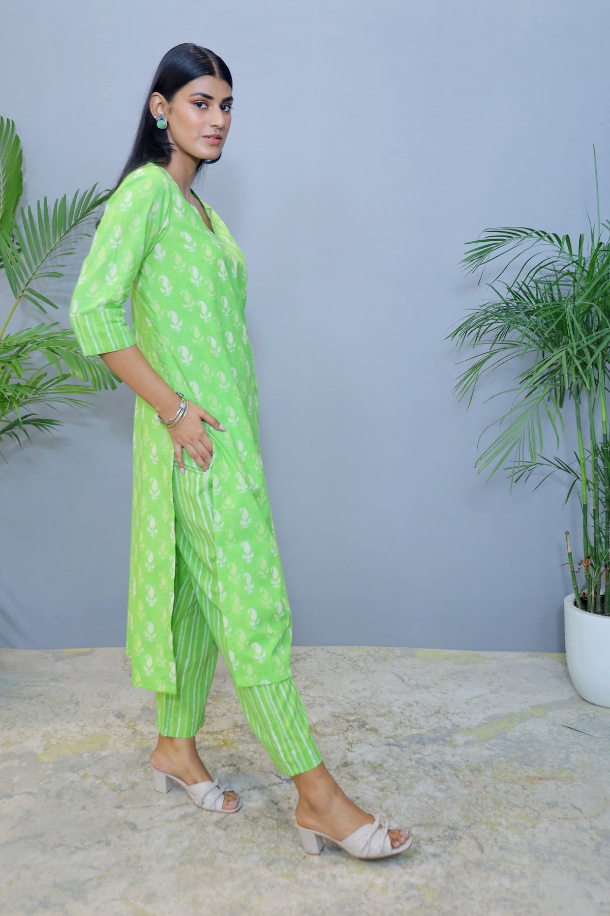 Lime green Handblock Cotton Kurta