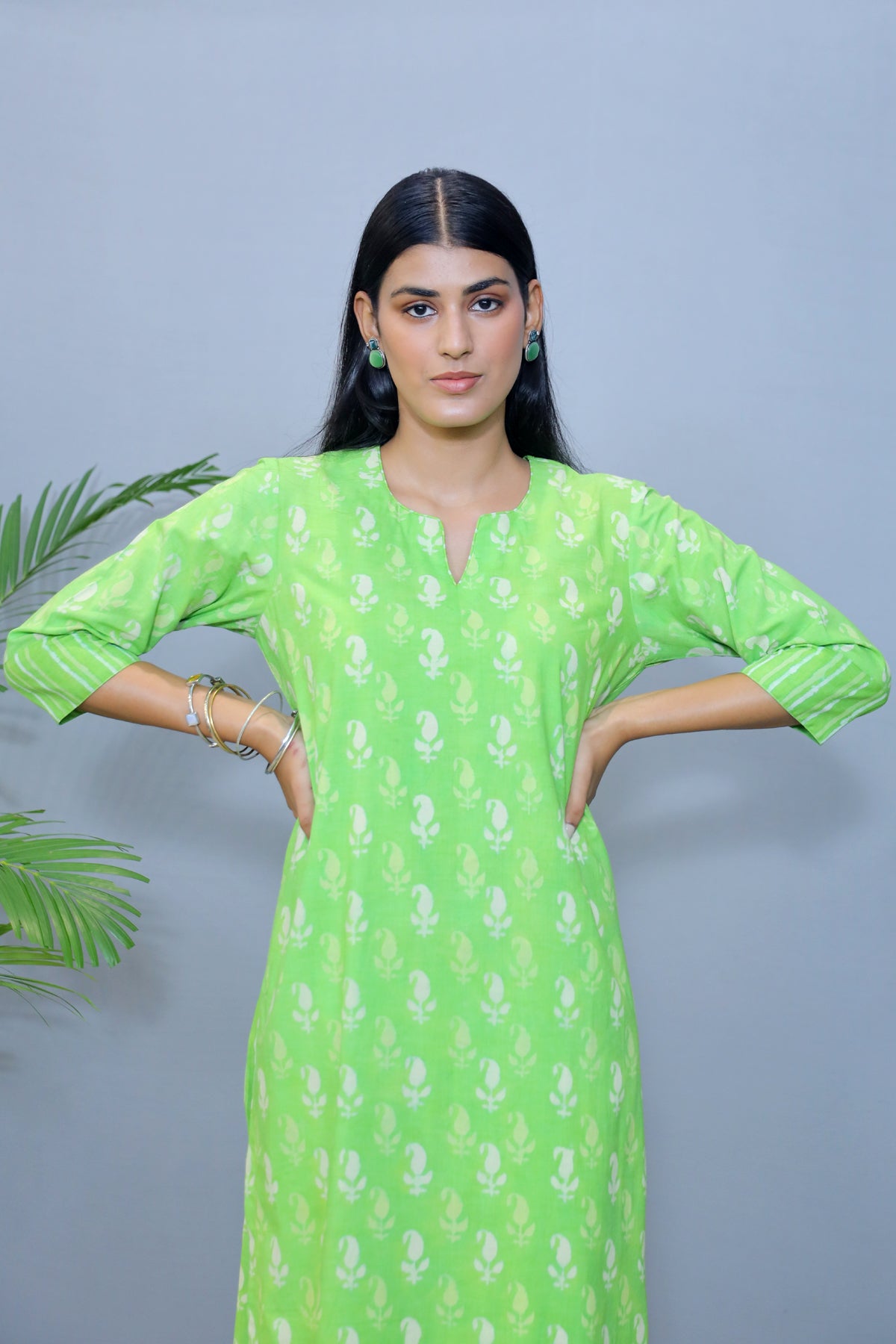 Lime green Handblock Cotton Kurta