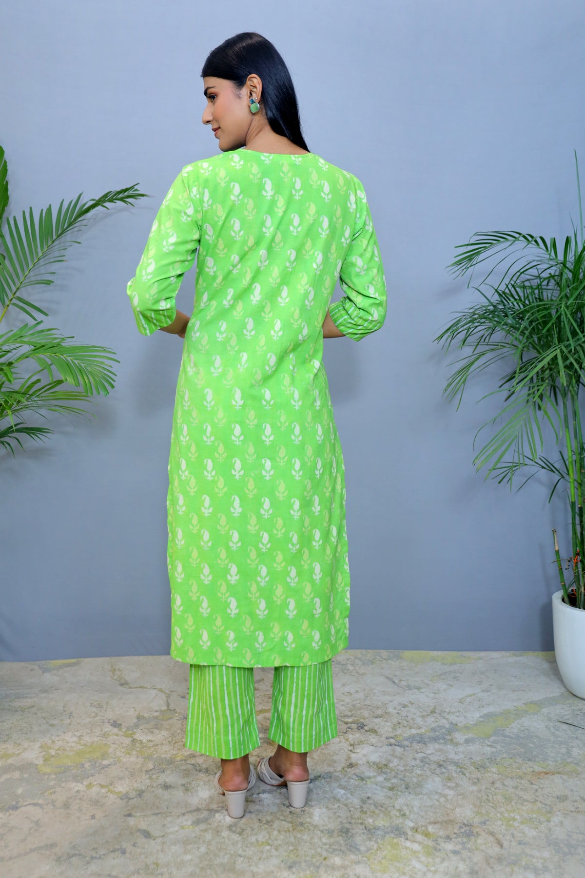 Lime green Handblock Cotton Kurta