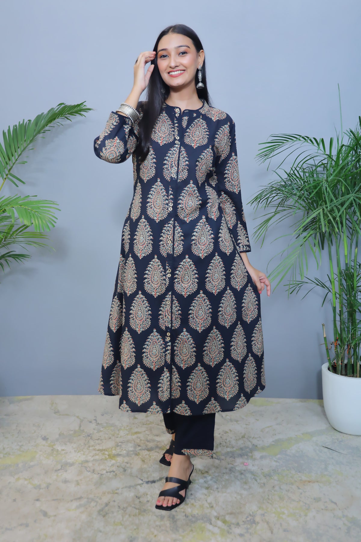 Black printed Cotton Kurta with Big Bootie