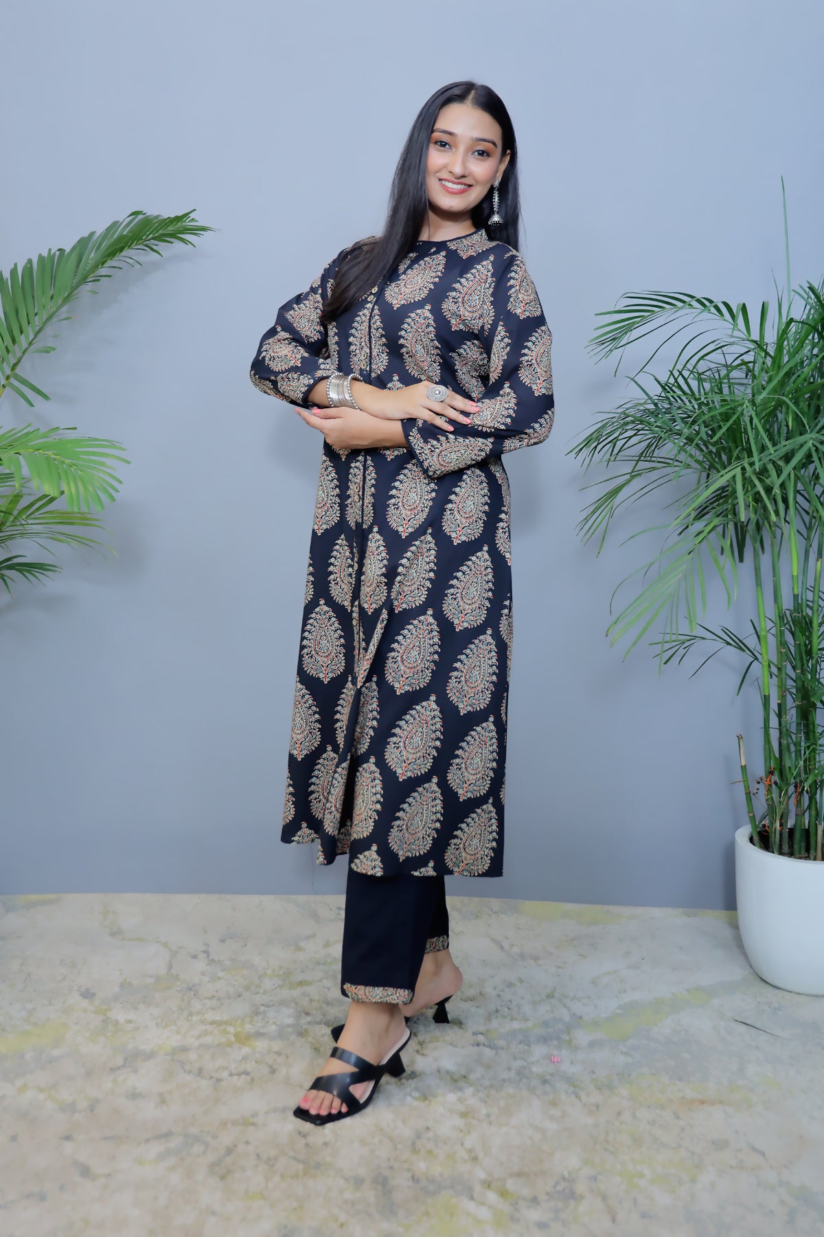 Black printed Cotton Kurta with Big Bootie