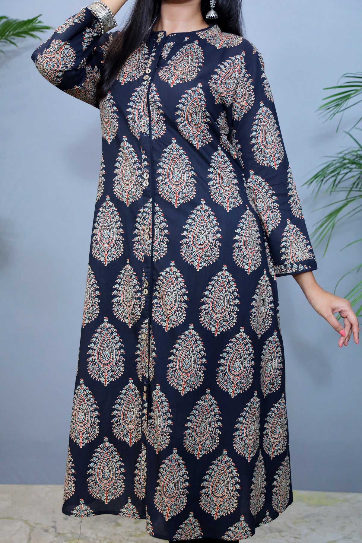 Black printed Cotton Kurta with Big Bootie