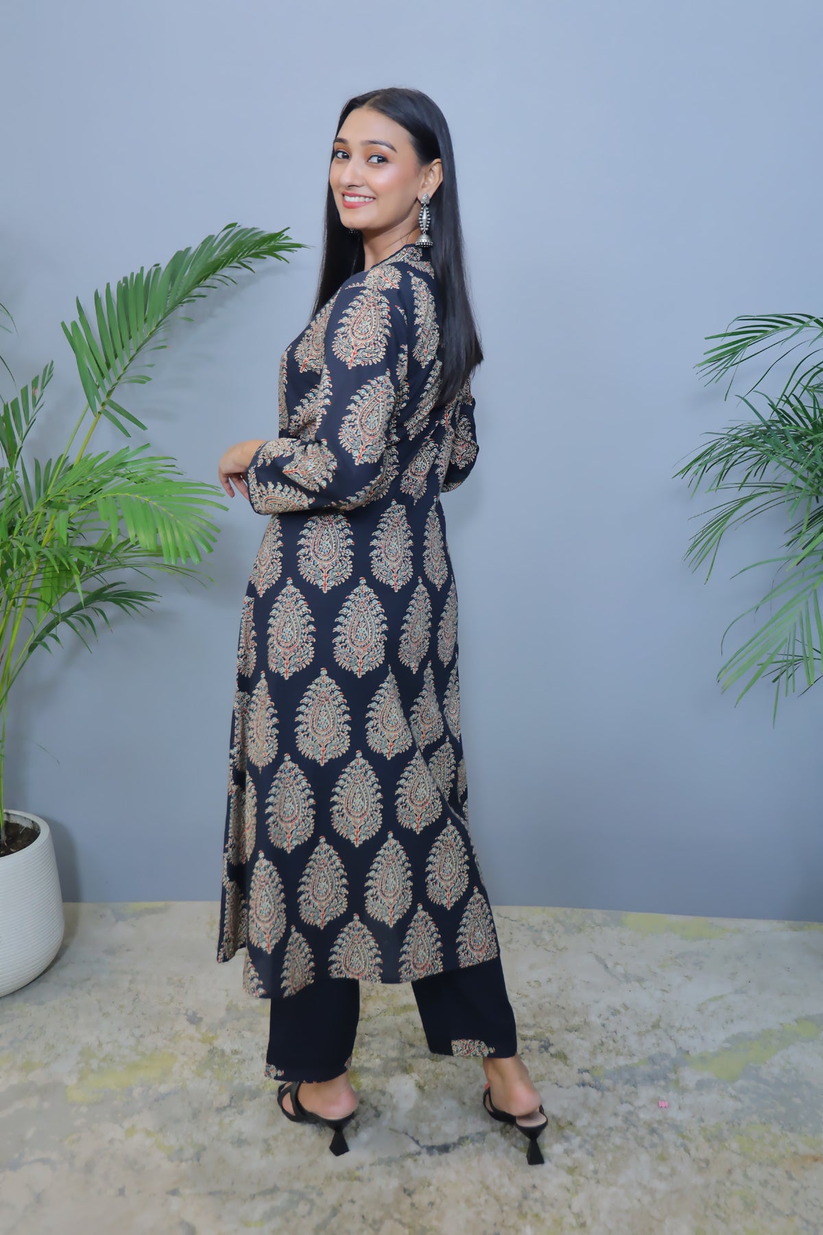 Black printed Cotton Kurta with Big Bootie