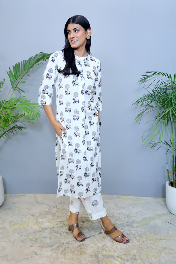 White printed Export Cotton Kurta