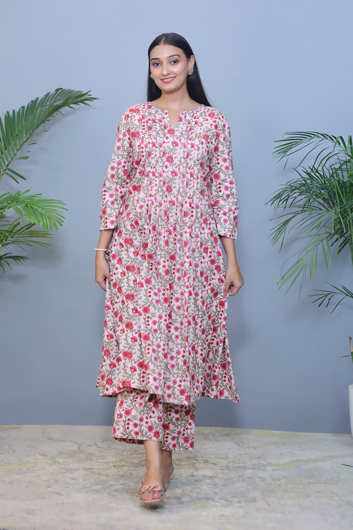 Light Pink Printed Cotton Co-ord Set/ Kurta Pant - Set of 2