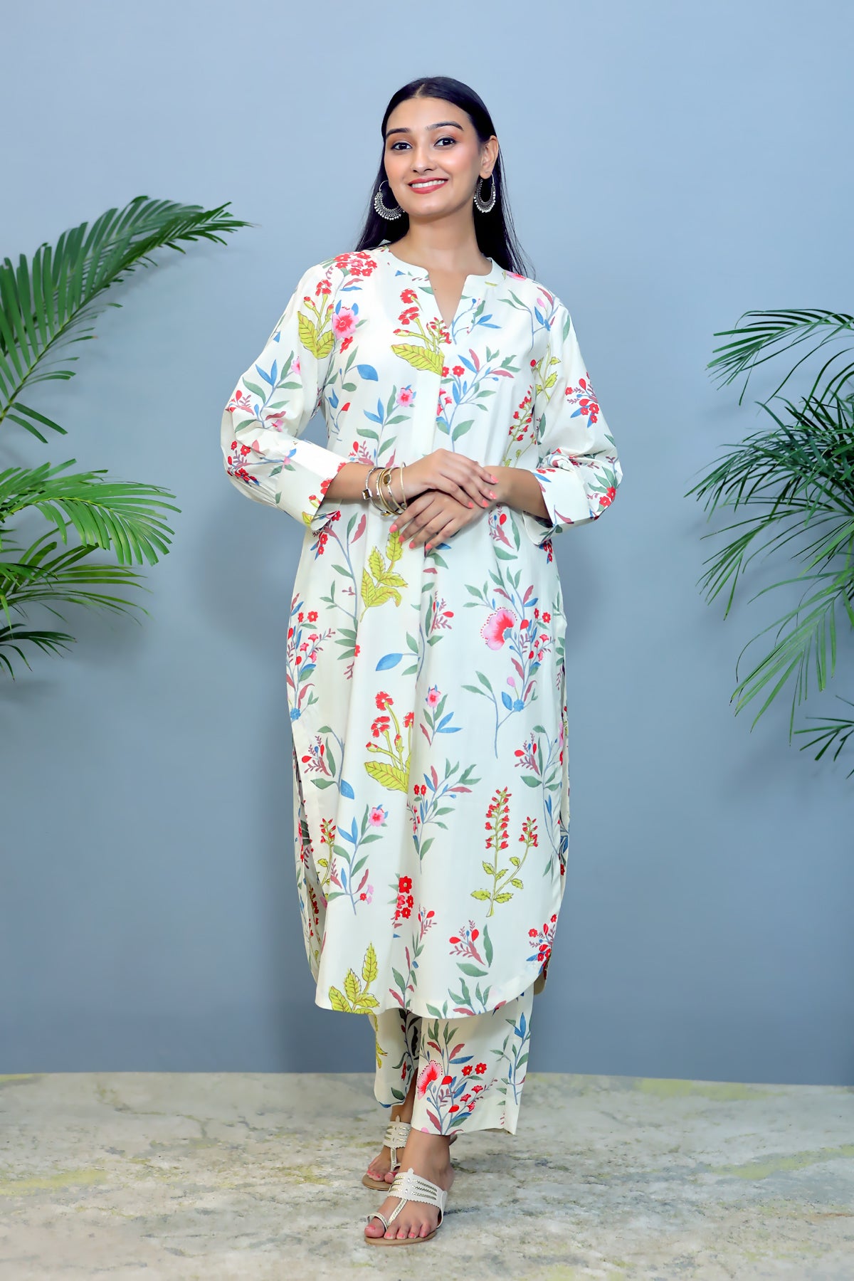 Egg white floral print Cotton Co-ord Set/ Kurta Pant - Set of 2