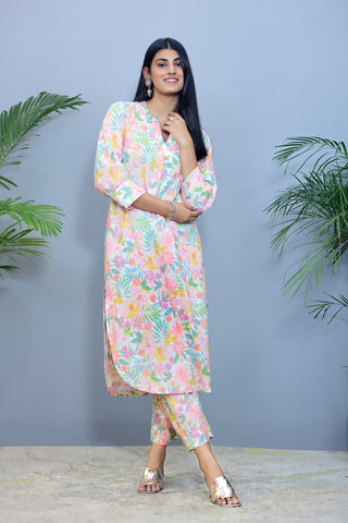 Light Pink floral print Cotton Co-ord Set / Kurta Pant- Set of 2